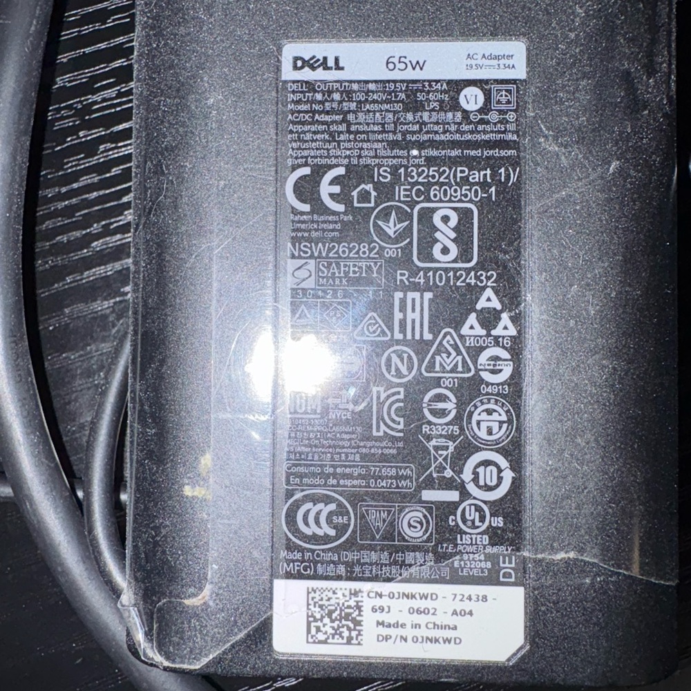 Dell 65W AC Adapter Charger - Black